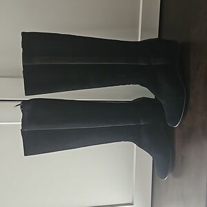 Aquatalia Black suede and corduroy long boots. Zippered at the back, wedged heel